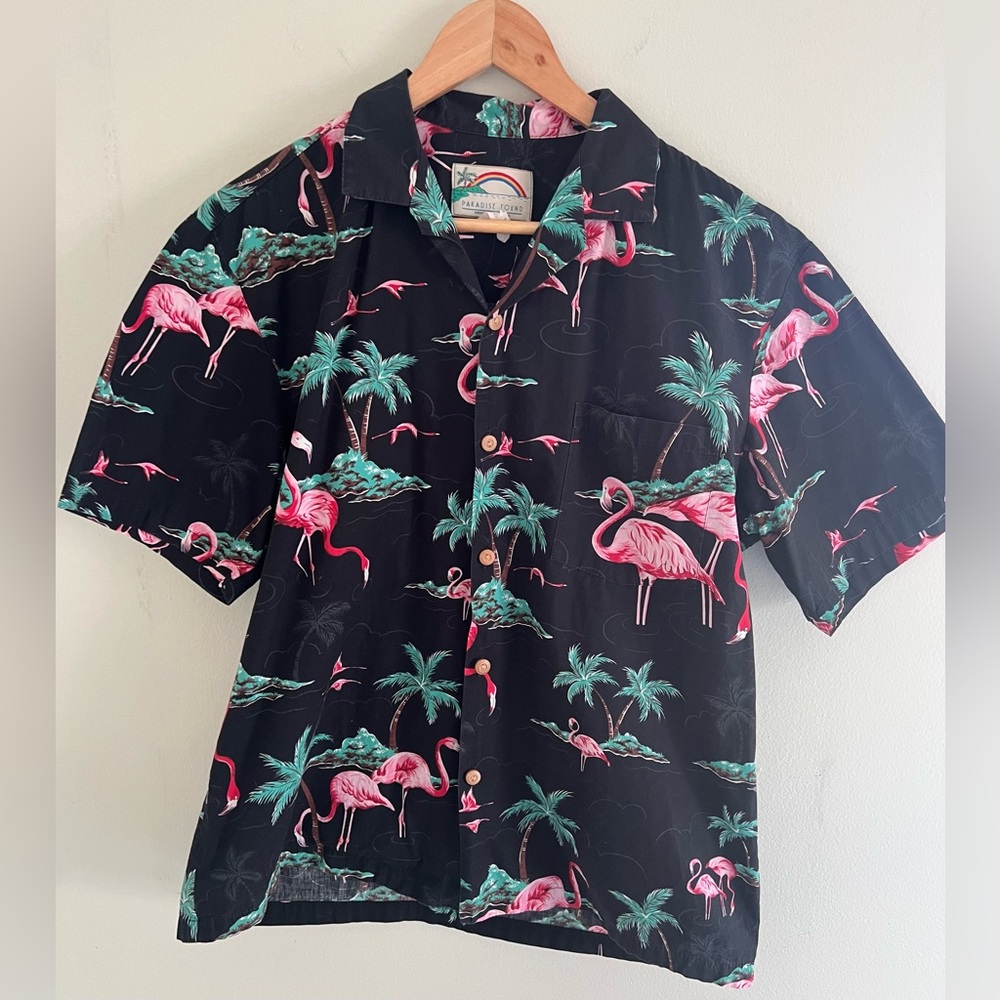 Vtg Paradise Found Hawaiian Shirt Medium Black Flamingos Palm Trees 100% Cotton